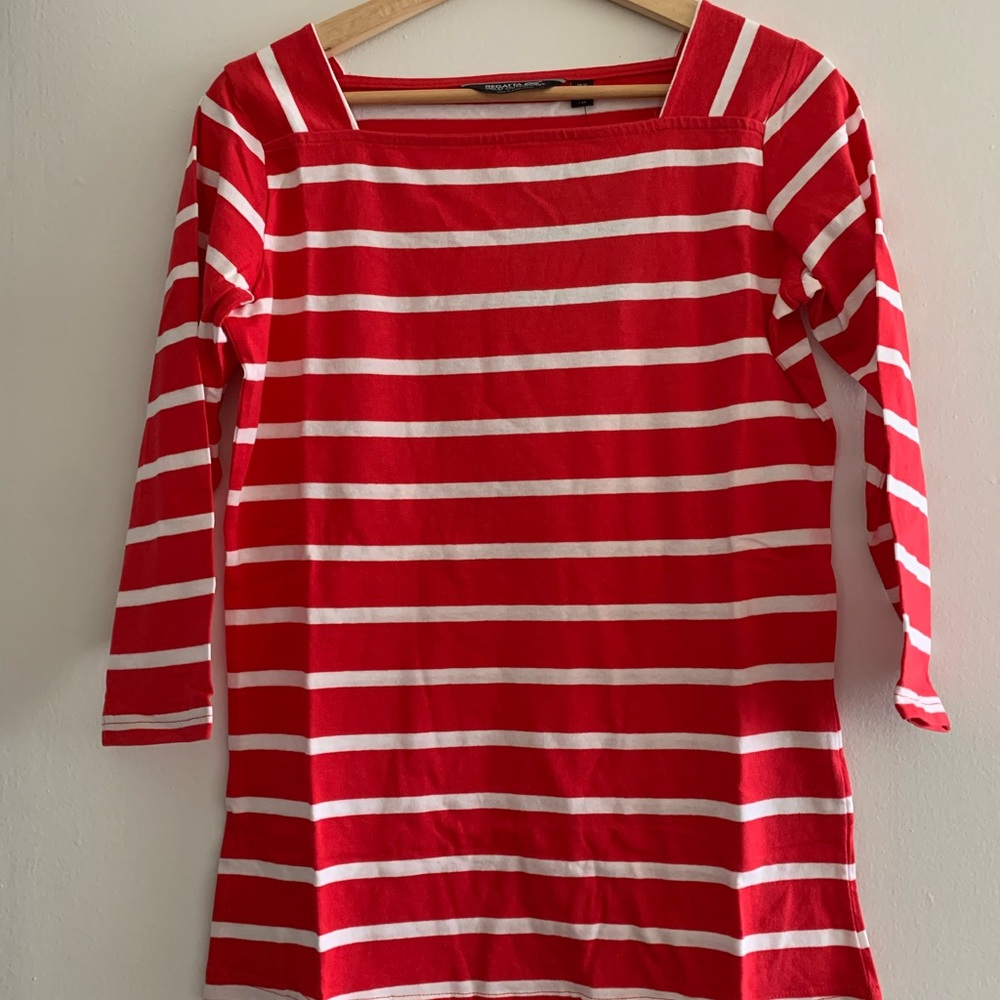 Red stripped 3/4 length boat neck top . 100% cotton .